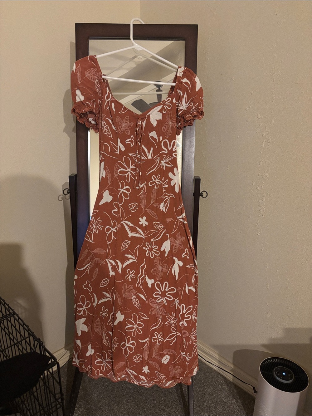 Rust Floral Puff-Sleeve Midi Dress - Unbranded